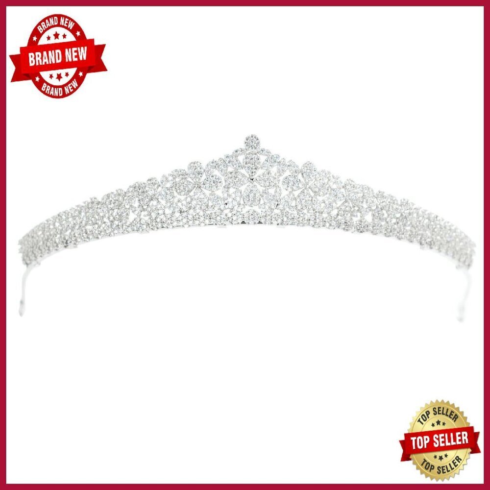 Platinum Plated Copper Wedding Tiara Crown with CZ Flowers